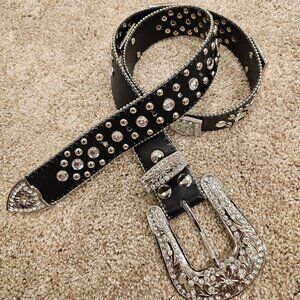 FULL OF BLING! Black Genuine Leather Belt - Medium, Like New